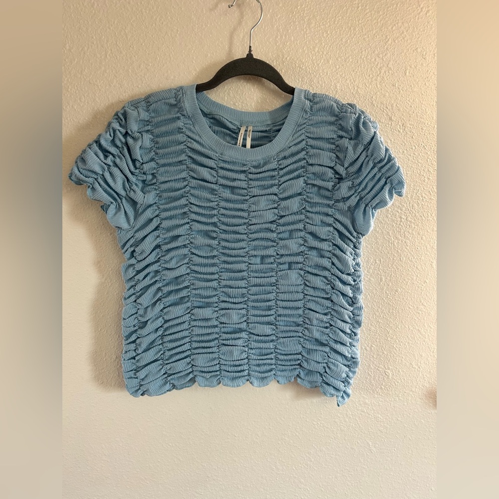 By Anthropologie Ruched Baby Tee Color Sky Women’s Size L - Picture 5 of 9